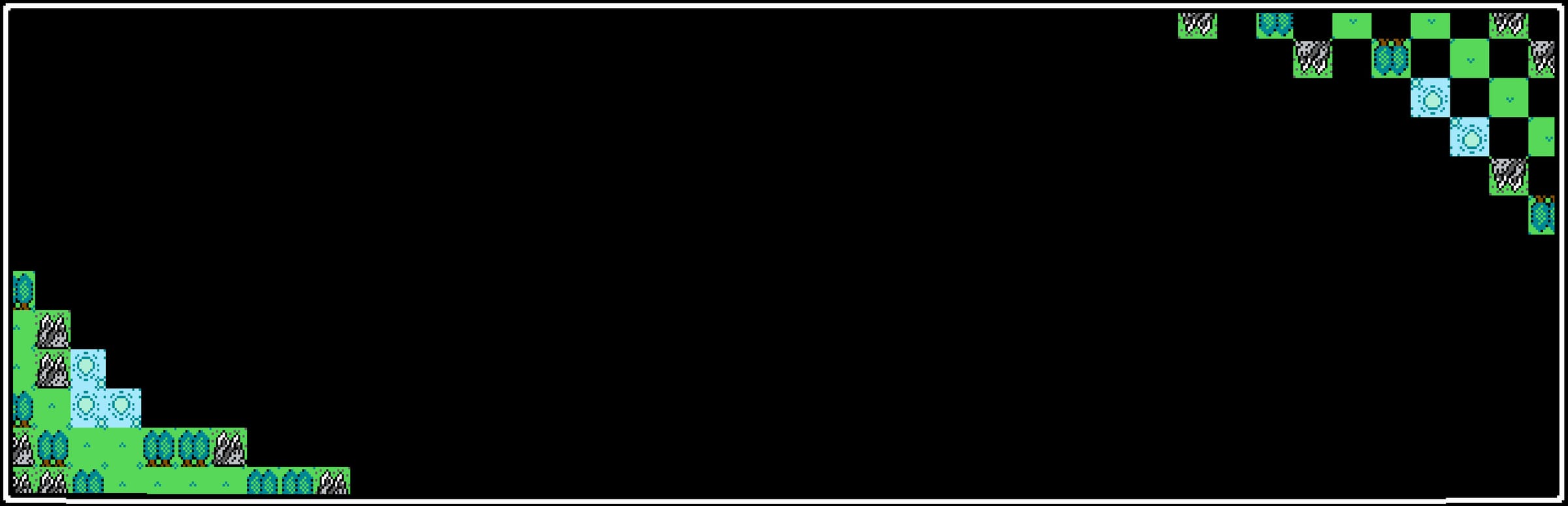 게임 『Splintered』의 콘셉트 아트. 검은 배경에 대각선 모서리를 도트로 된 초원, 숲, 마을 등의 도트로 채운 모양.