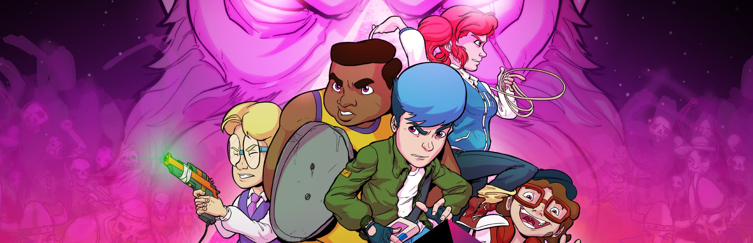 게임 『Crossing Souls』의 콘셉트 아트. 총을 든 금발 소년, 체격이 좋은 흑인 소년, 푸른 머리의 카세트를 든 소년, 채찍을 든 붉은 머리 소녀, 붉은 안경을 낀 꼬마아이가 수염 난 남자를 배경으로 전투 자세를 취한 일러스트.